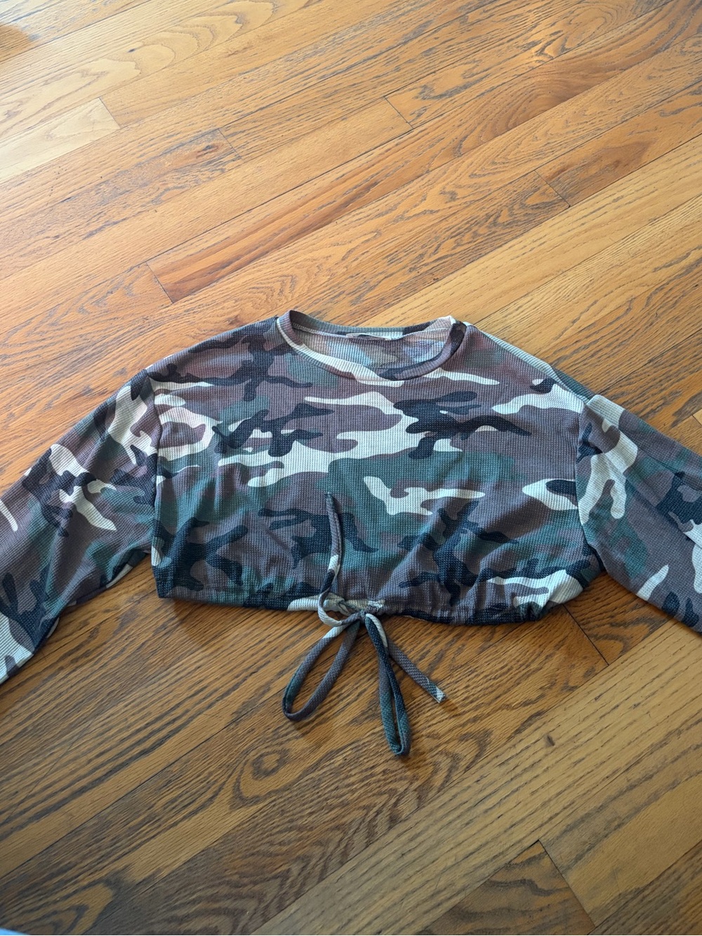 Audrey 3+1 Green and Gray Camo Waffle-Knit Top